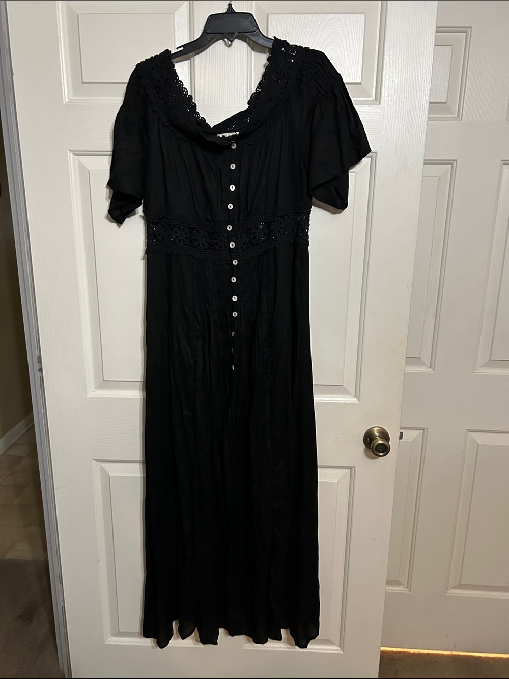Black Button-Front Maxi Dress with Crochet Waist